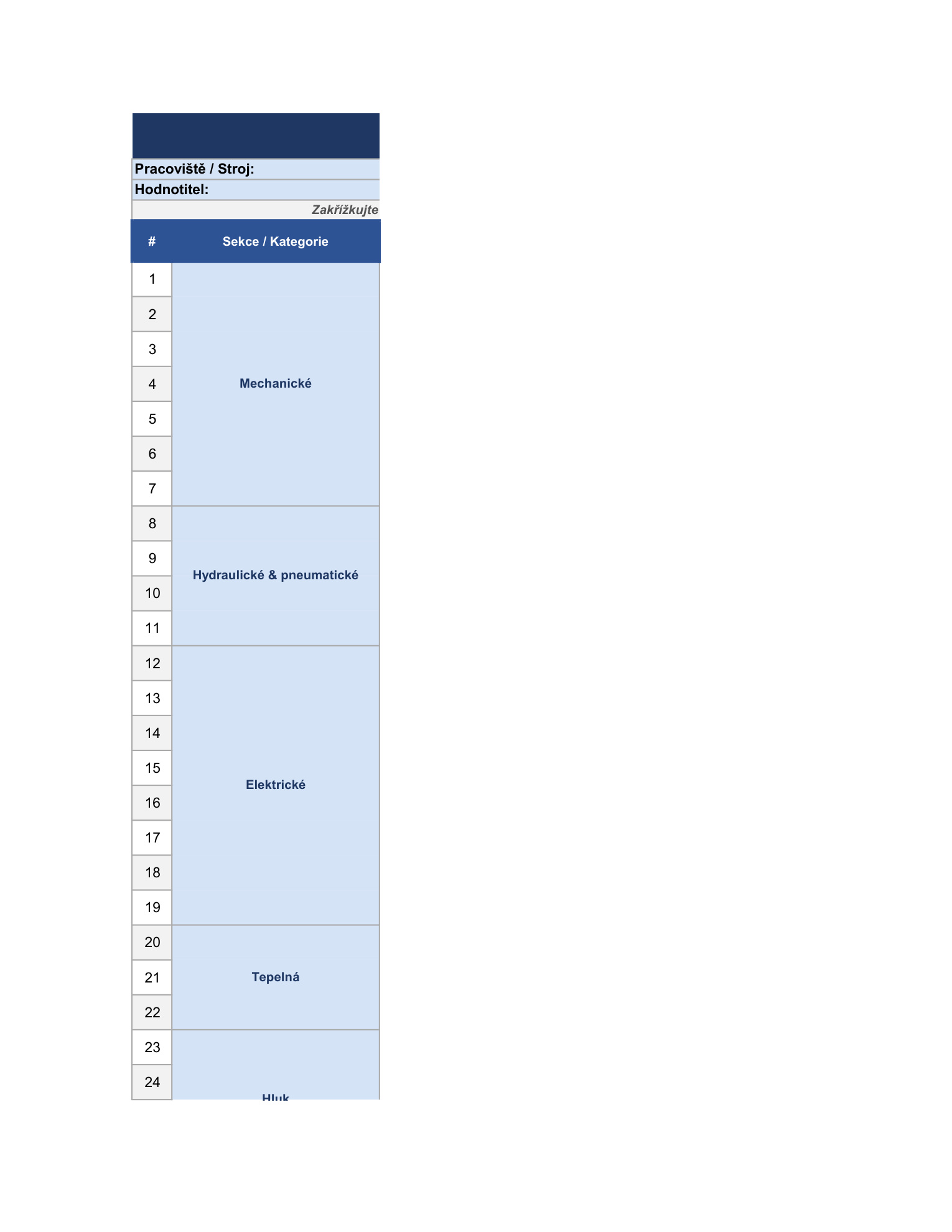Kontrolní seznam rizik strojních zařízení – náhled Excel checklistu BOZP