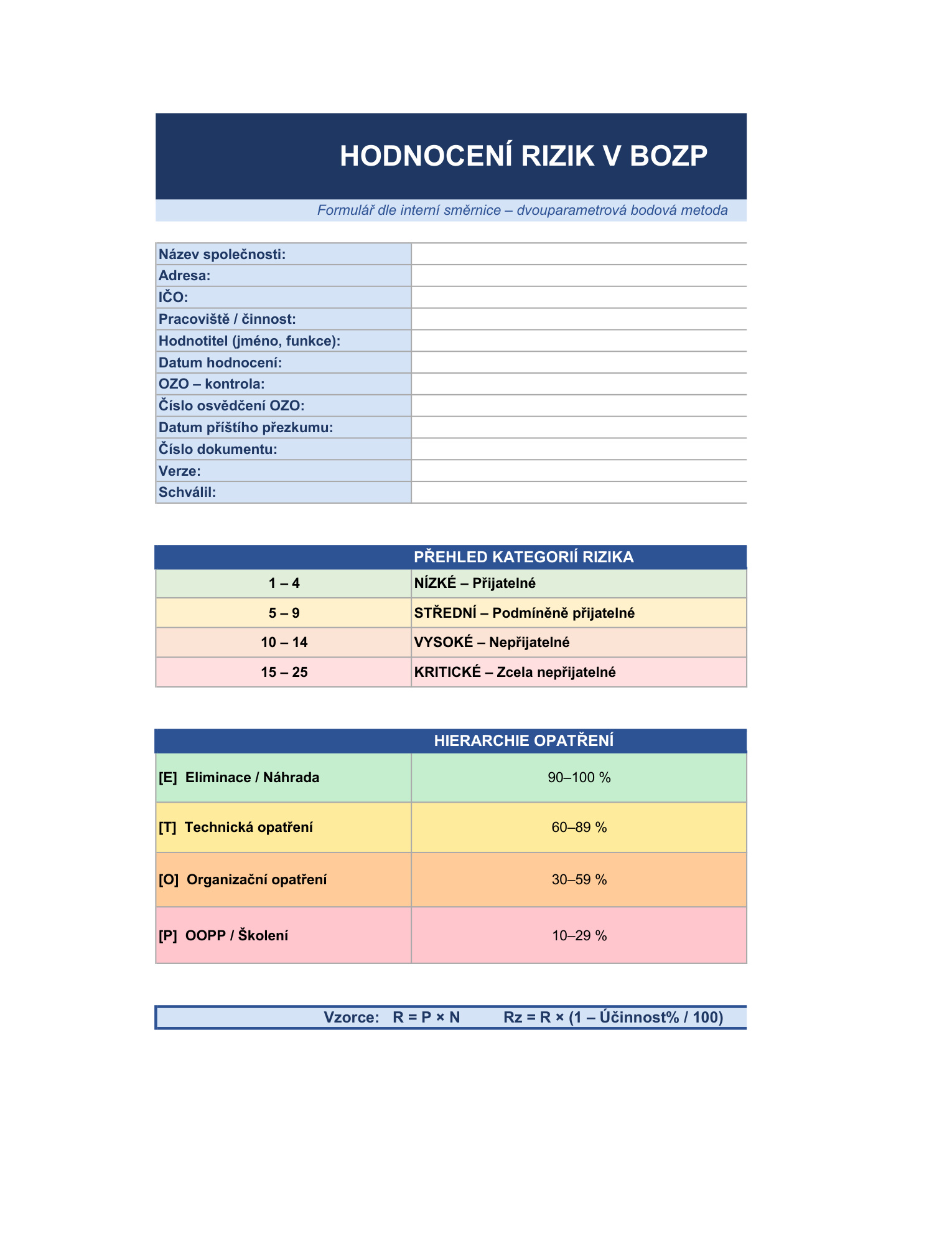 Formulář hodnocení pracovních rizik BOZP – úvodní list Excel šablony