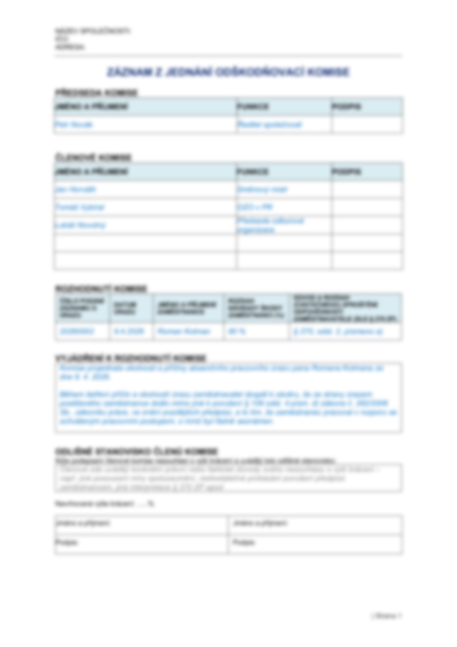 Náhled záznamu z jednání odškodňovací komise