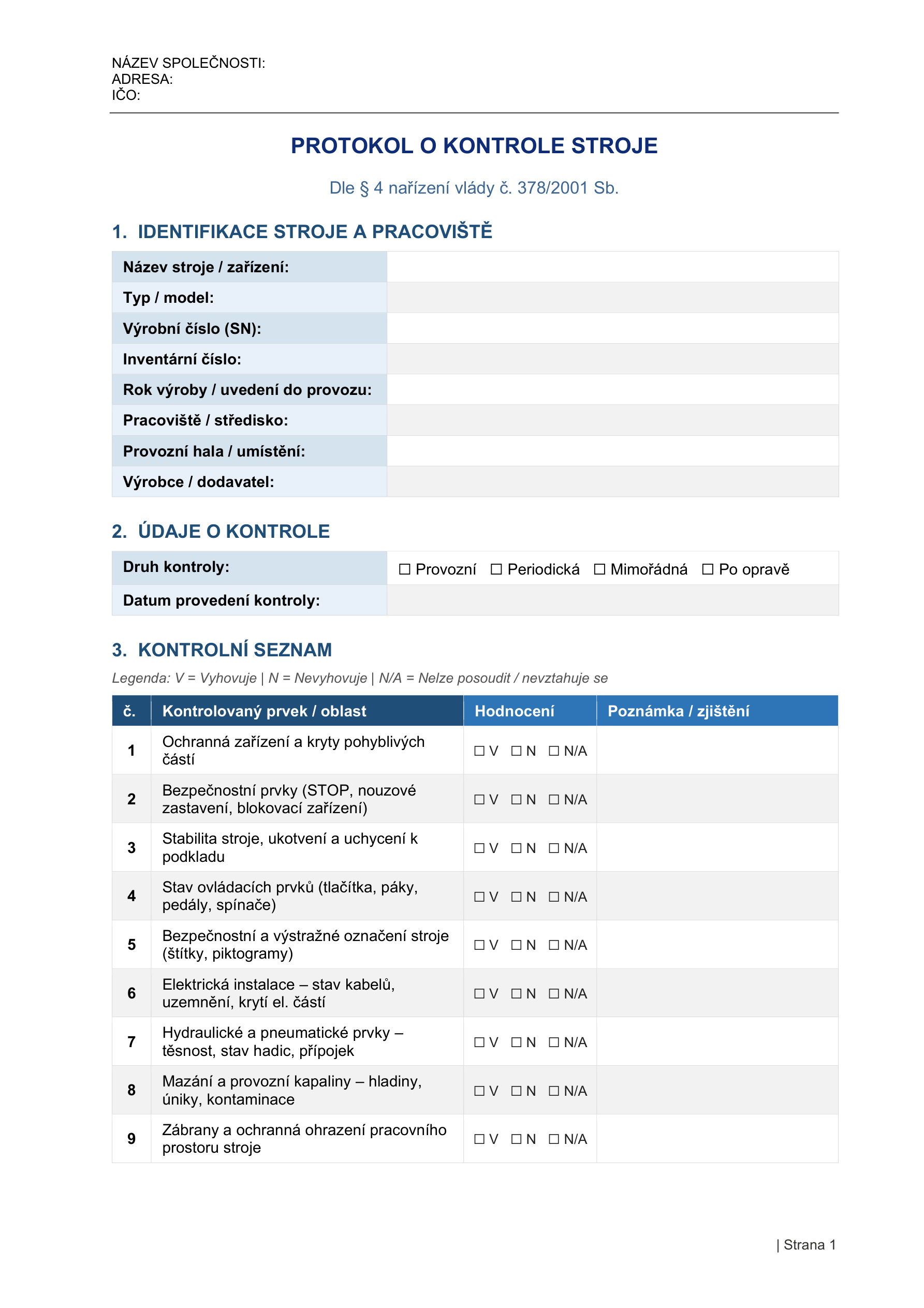 Strana 1 — Protokol o kontrole strojního zařízení