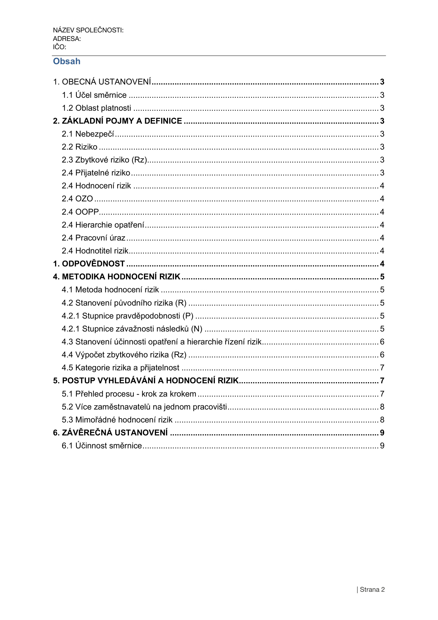 Směrnice hodnocení rizik BOZP — definice pojmů a odpovědnosti